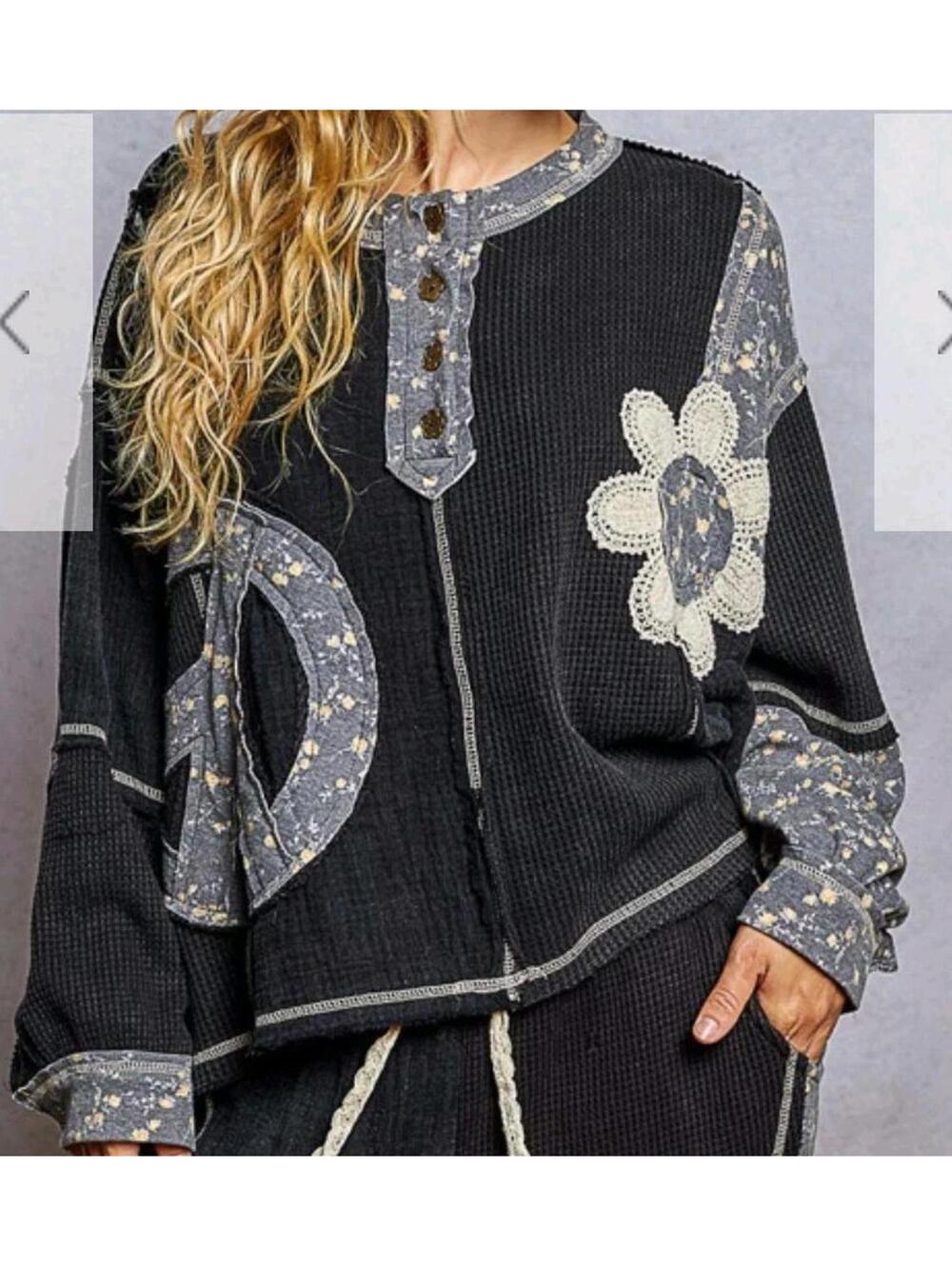 POL Waffle Knit Patchwork Peace Sign Flower Tunic Top Long Sleeve Boho Size L - Picture 1 of 8